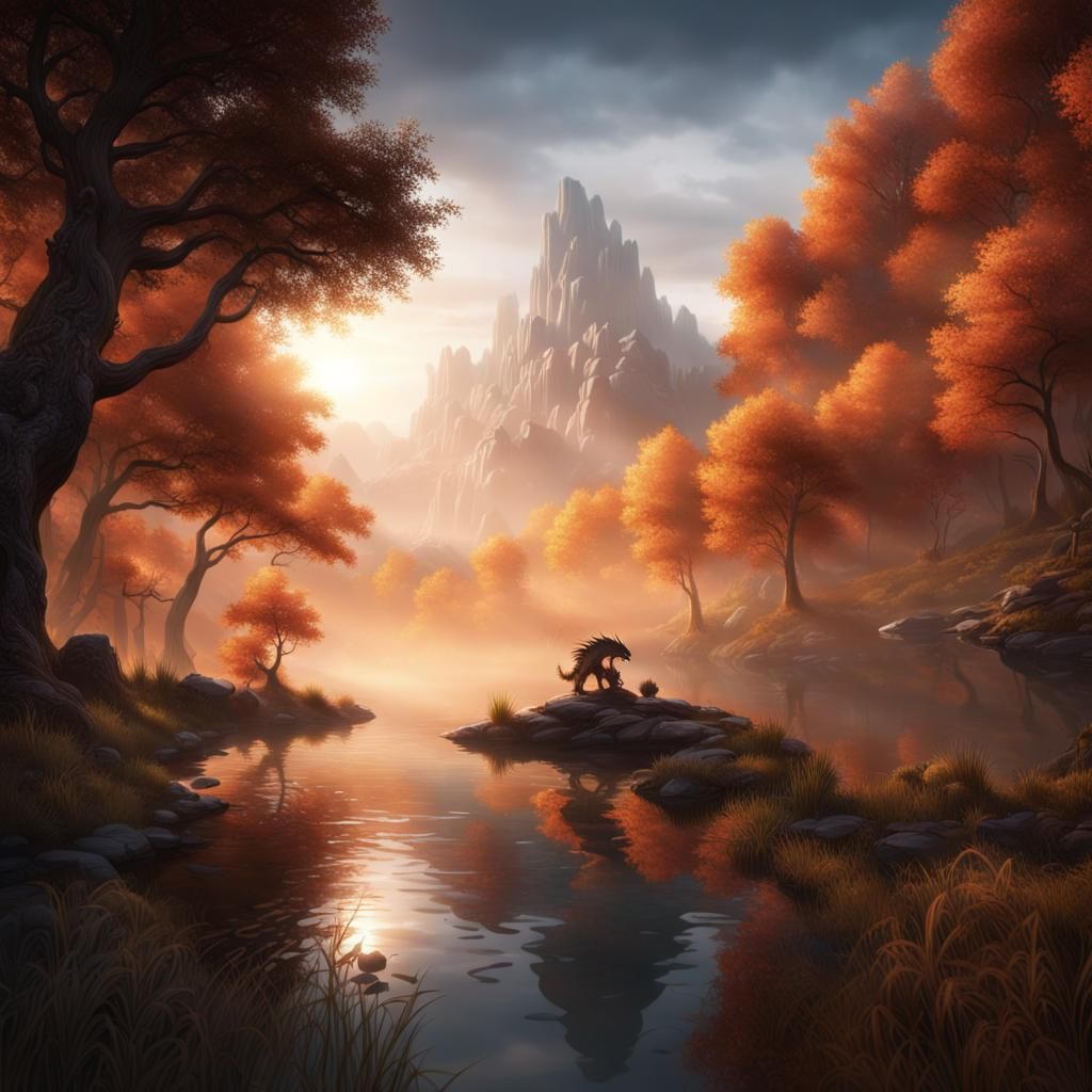 Dragon Sunrise Over Mountain Lake: Fantasy Concept Art