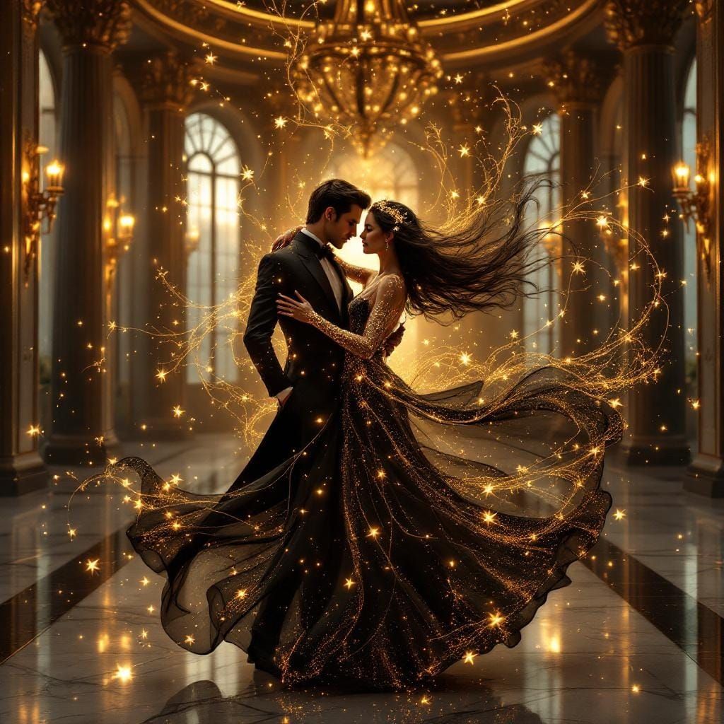 Surreal Ballroom Scene with Dancing Figures in Twilight