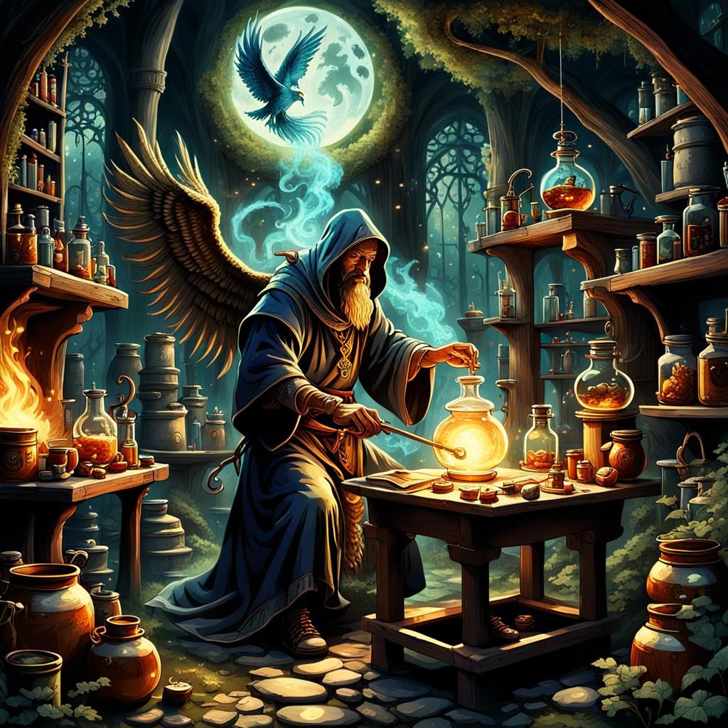 Medieval Alchemist Summons Spirits in Forest Glade