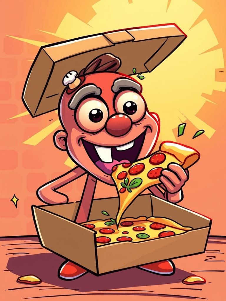 Whimsical Pizza Man Character Eating Pizza with Meatball Eye...