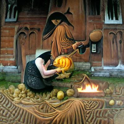 Whimsical Witch Carving Pumpkin in Autumn Forest