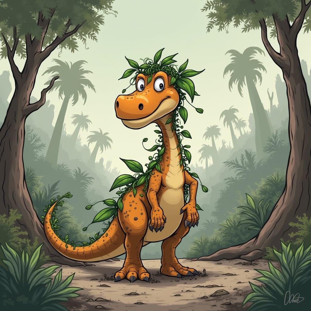 Cartoon Dinosaur in Barren Crater, Devastated Jungle