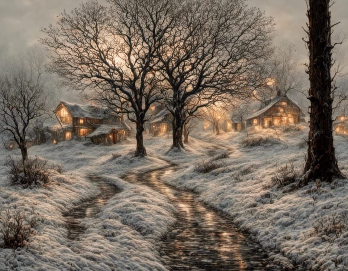 Winter Cottage Landscape Painting in Momoyama Style