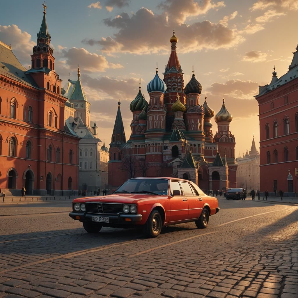 Car in Red Square with Dramatic Lighting