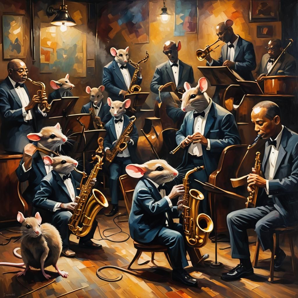 Mice Playing Saxophone in Smoky Jazz Club