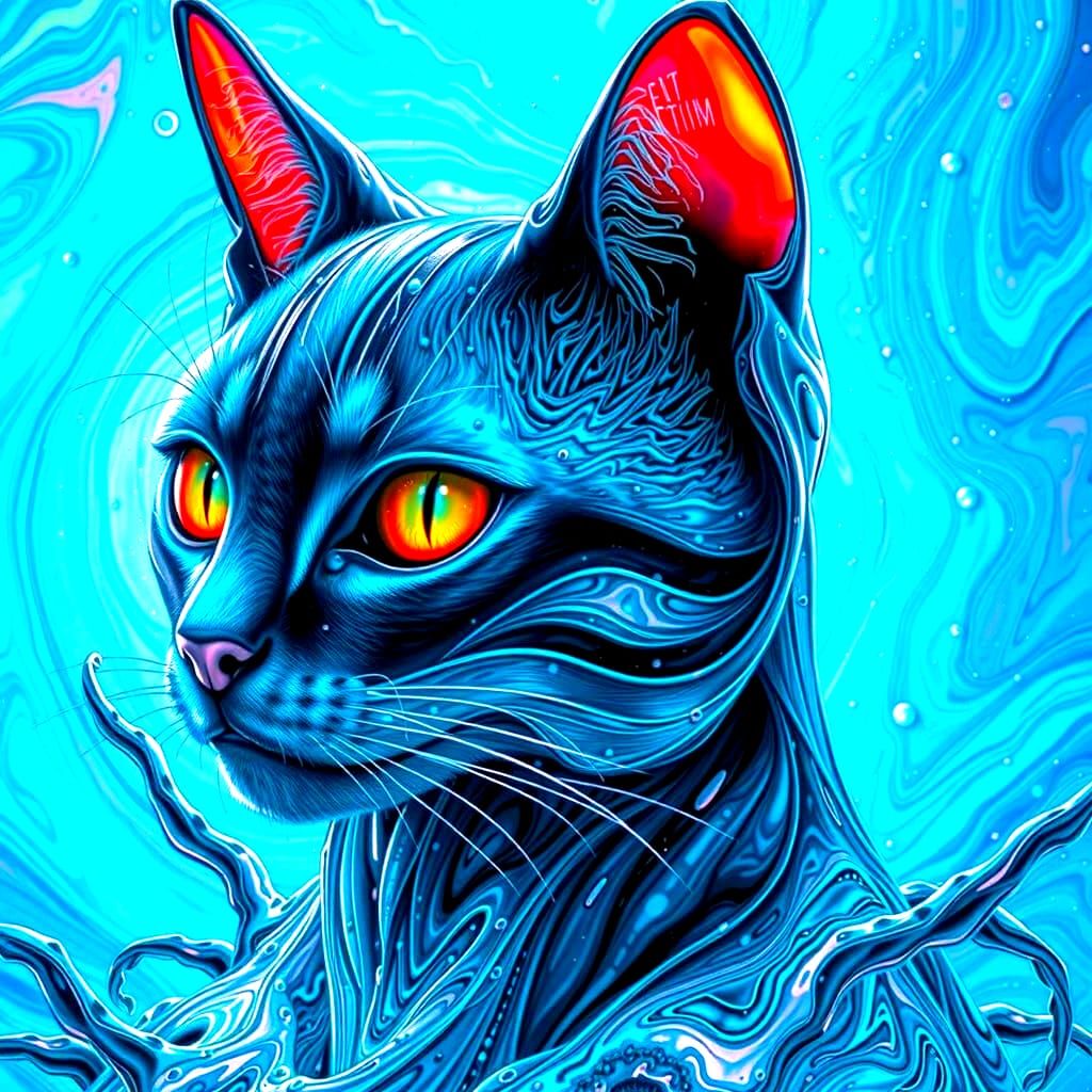 Android Cat Dissolving into Iridescent Liquid Metal