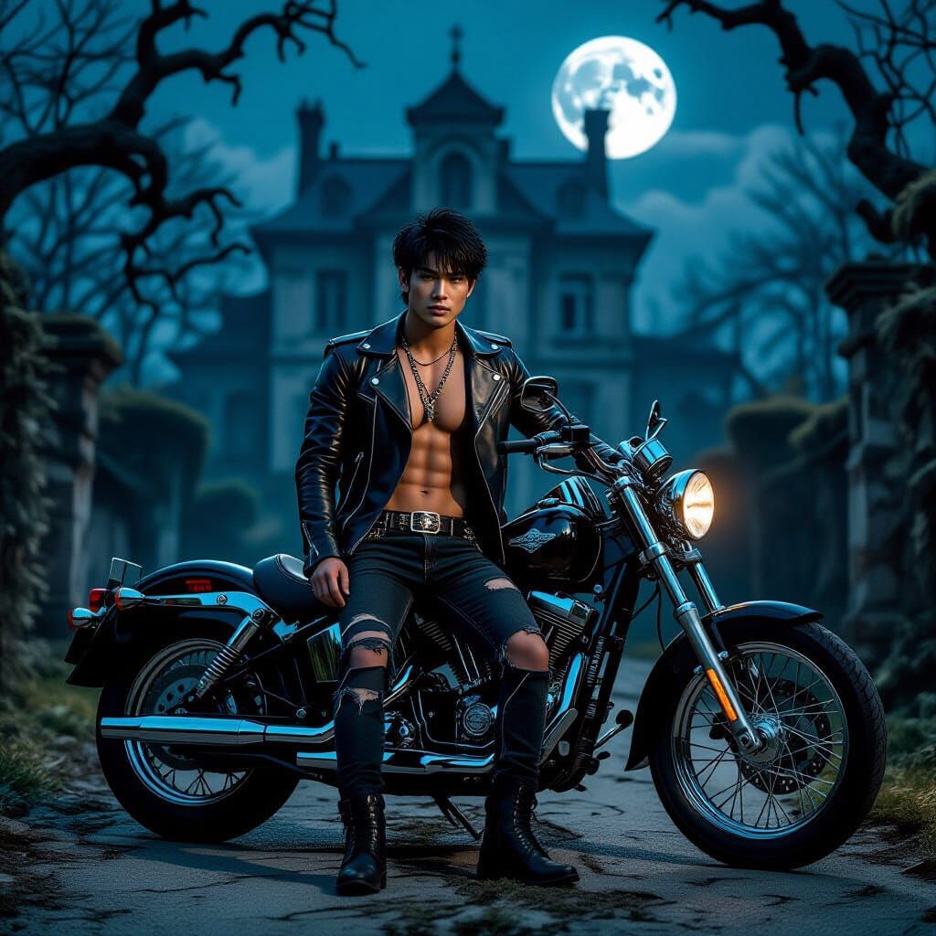 Biker Poses by Gothic Mansion Under Full Moon