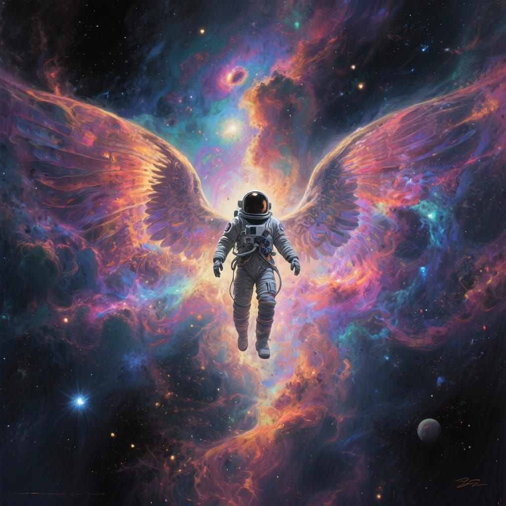 Astronaut Adrift in Cosmic Wings of Nebula Light