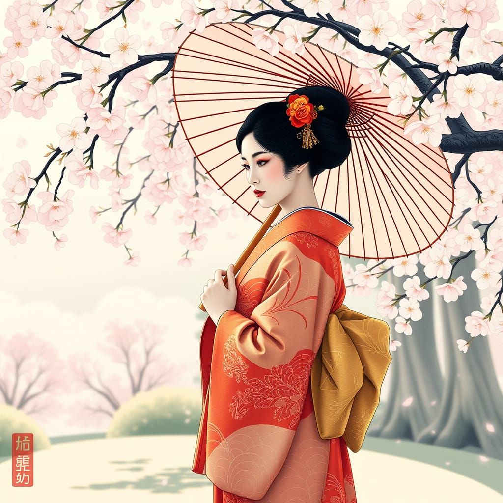 Japanese Geisha Under Cherry Blossoms in Ukiyo-e Style