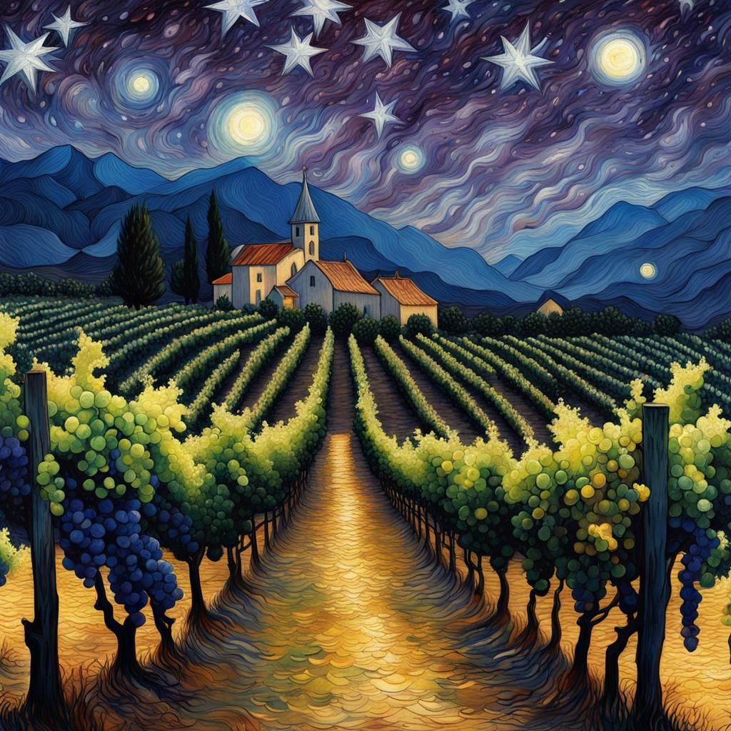 Grape Vineyard Under Gothic Starry Night Sky