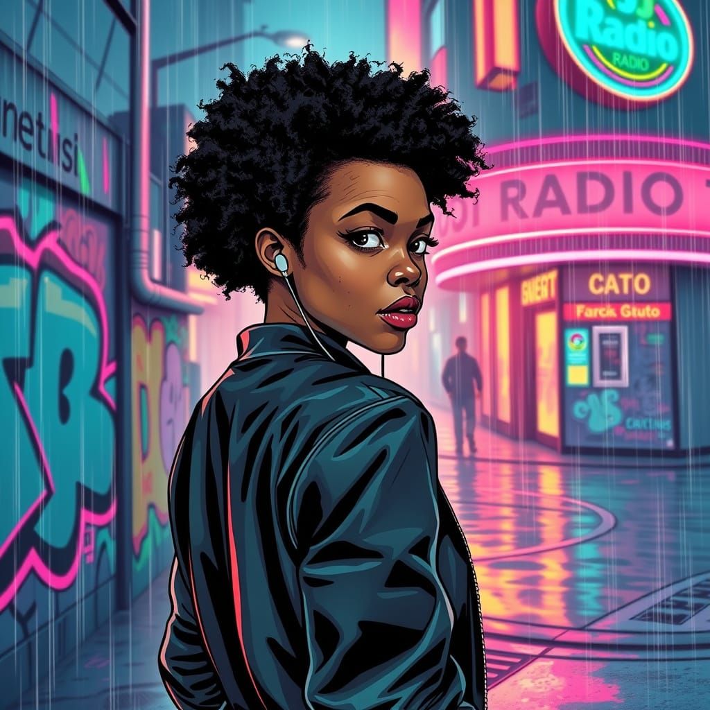 Sleek DJ Walks Towards Neon Graffiti Radio Station in Rainy ...