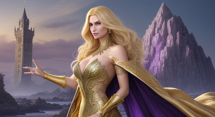 Elegant Enchantress with Golden Wolf Companion in Regal Towe...