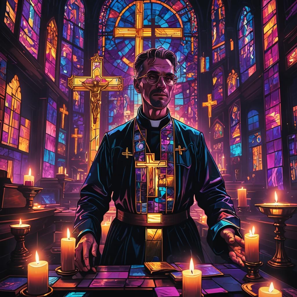 Synthwave Priest's Frantic Gold Search in Neon Church