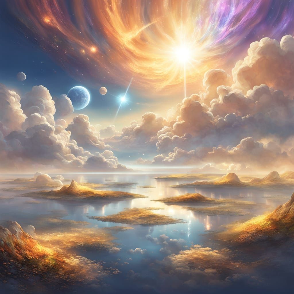 Serene Celestial Landscape with Floating Islands in Golden H...