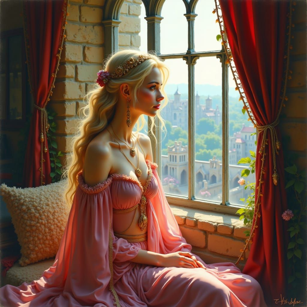 Princess Gazing from Gothic Window in Ethereal Light