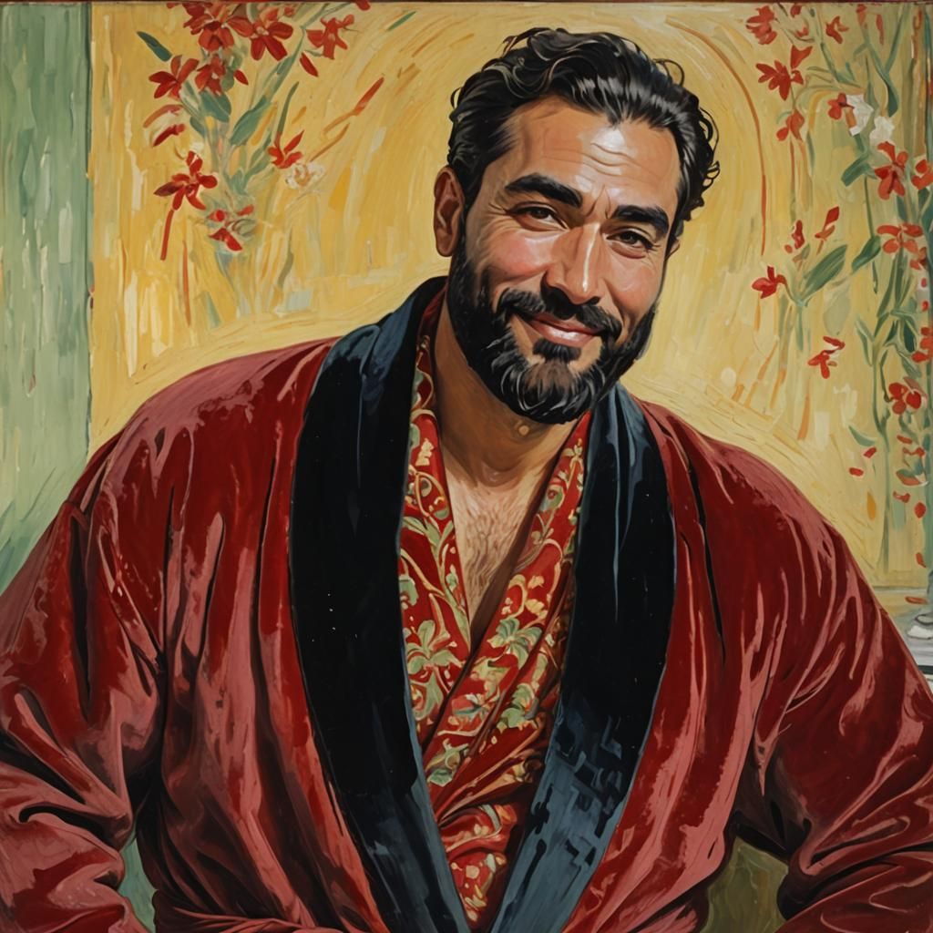 Peruvian-Iranian Man in Lavish Bathroom as Impasto Painting