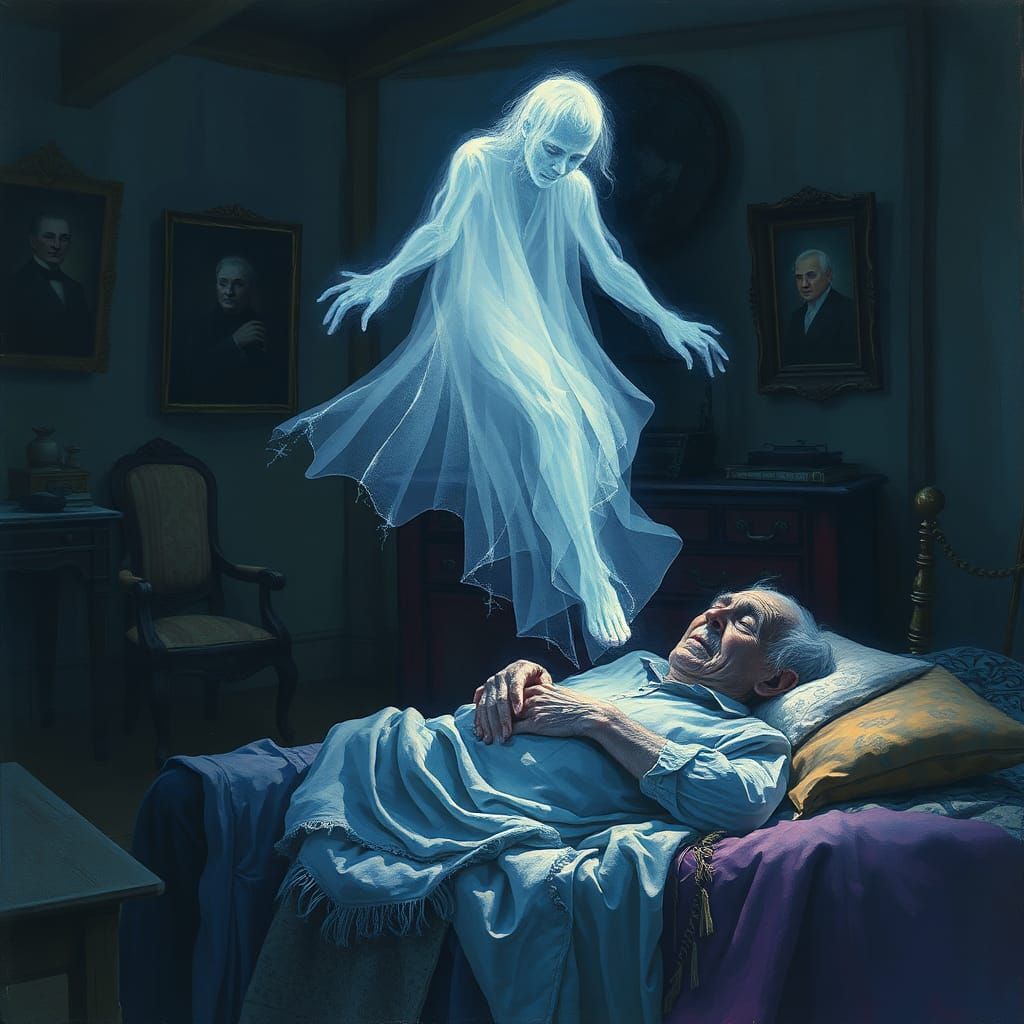 Ethereal Ghost Ascends in Dreamlike Chagall-esque Scene