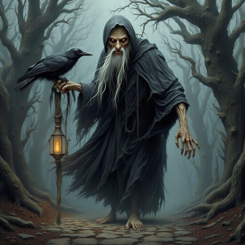 Ancient Witch in Misty Forest, Dark Fantasy Art