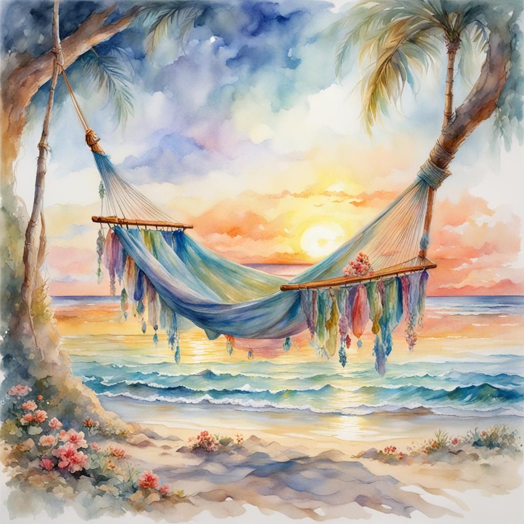 Dreamy Beach Hammock in Watercolor Style
