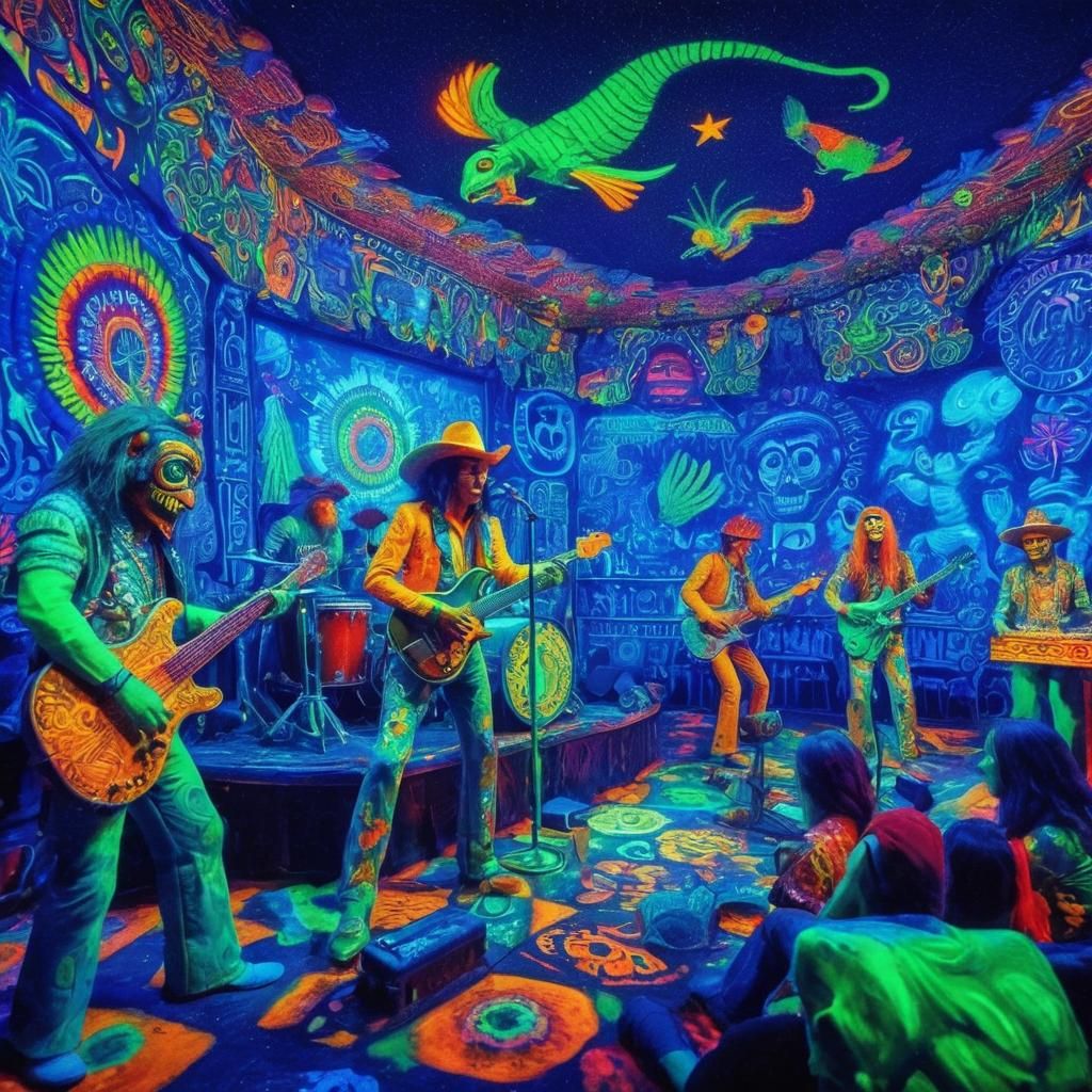 Psychedelic Rock Band Performance in Surreal Nightclub