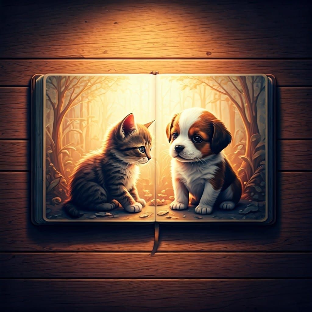 Kitten and Puppy in Whimsical Notebook Art
