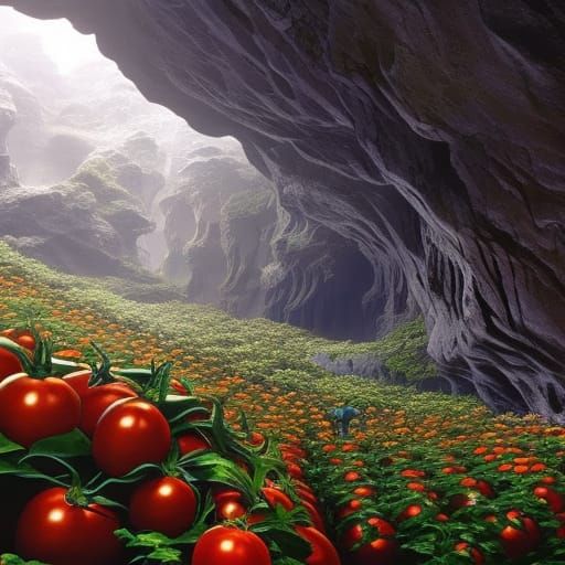 Hyperrealistic Tomato Garden in Underground Cave