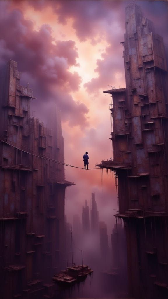 Surreal Figure on Tightrope Between Crumbling Skyscrapers