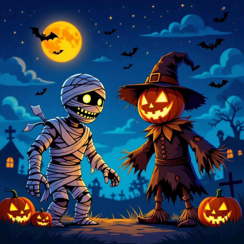 Mummy and Scarecrow Face Off Under Glowing Halloween Sky