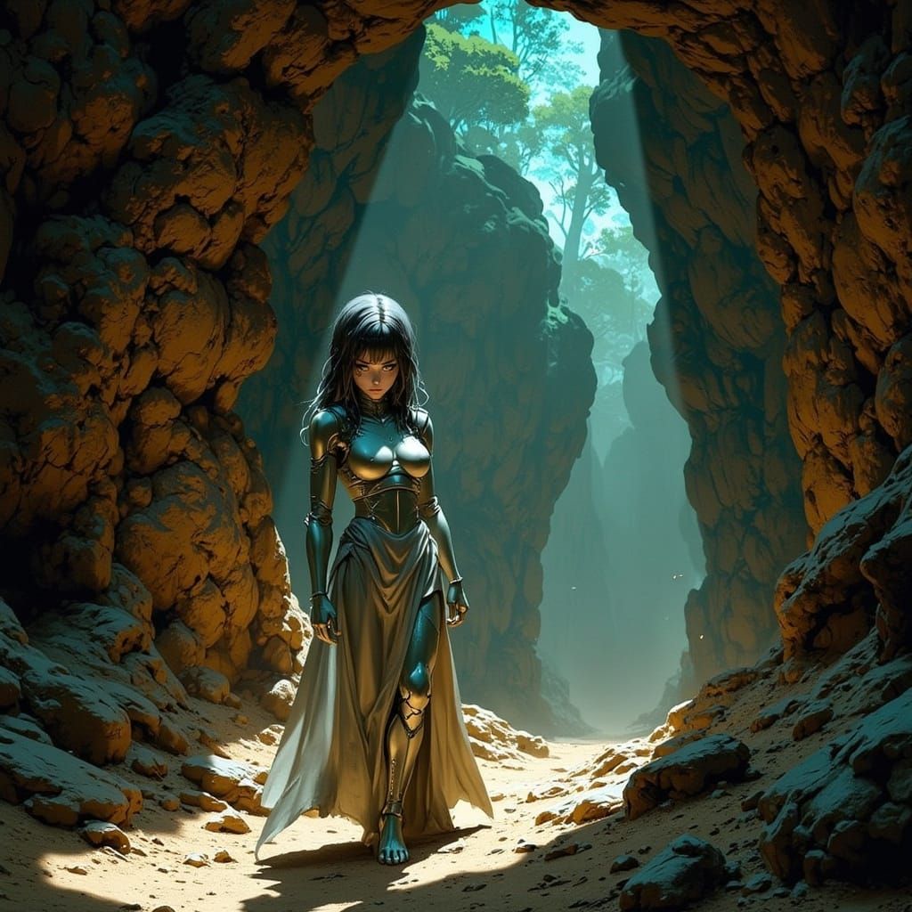 Futuristic Android in Ancient Cave with Glowing Art