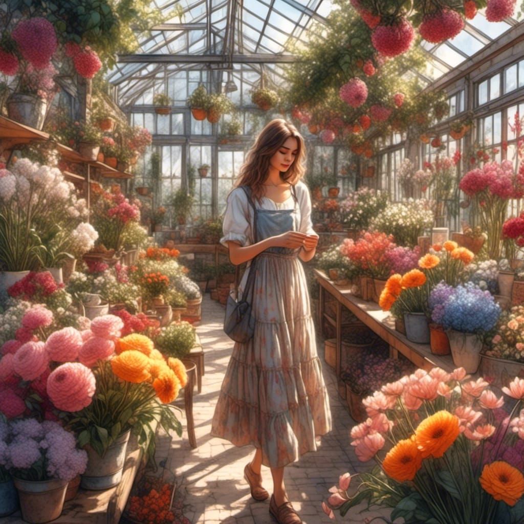 Anime Girl Arranging Flowers in Sunny Greenhouse