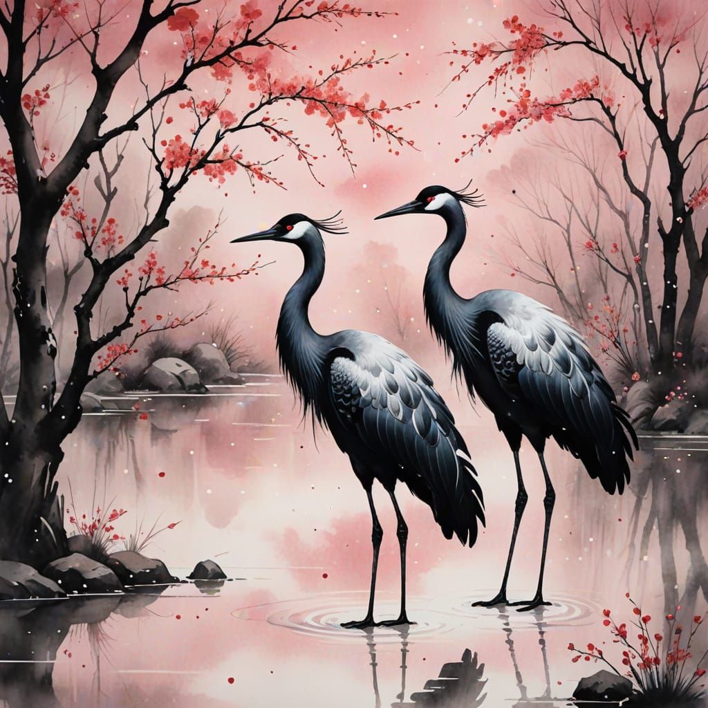 Cranes in Cherry Blossoms: A Chinese Watercolor Painting