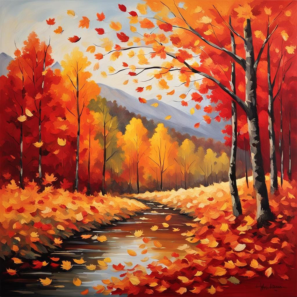 Golden Autumn Landscape with Falling Leaves