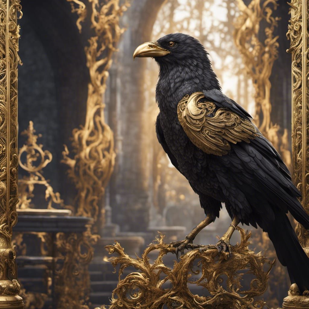 Filigree Raven in Gold and Black: Detailed Matte Painting