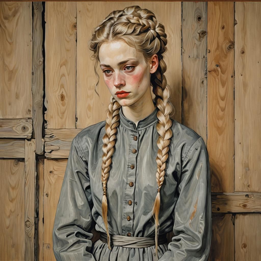 Teenage Girl in Wooden Room, Schiele Style