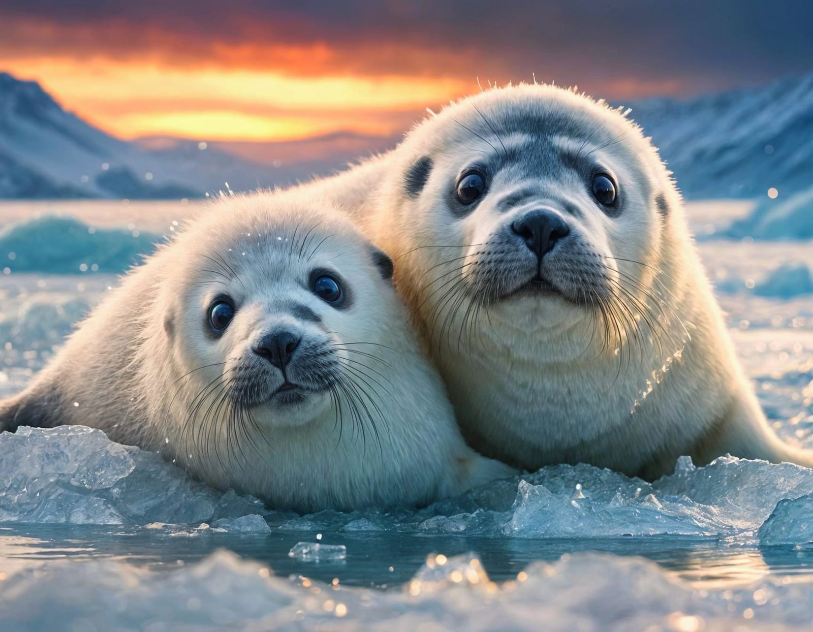 Harp Seal Pup and Mother in Arctic Sunset