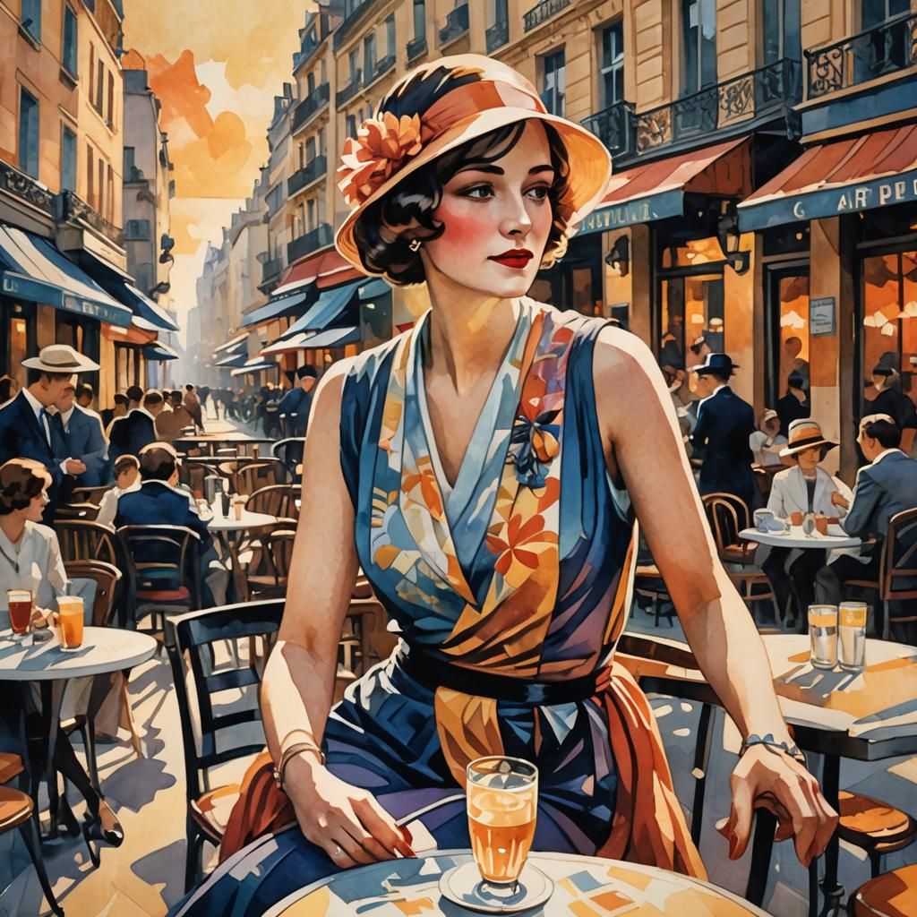Art Deco Parisian Cafe Scene in Gouache Watercolor