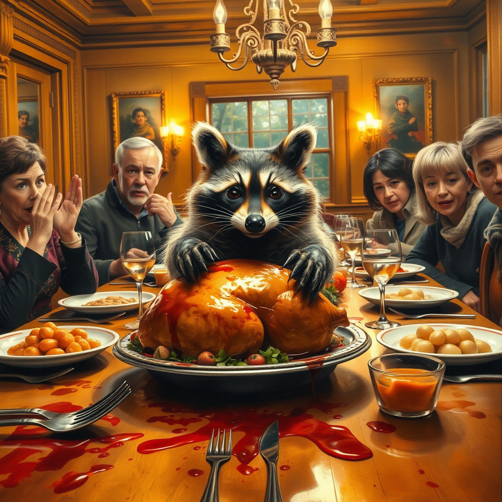 Raccoon Steals Thanksgiving Turkey in Oil Painting