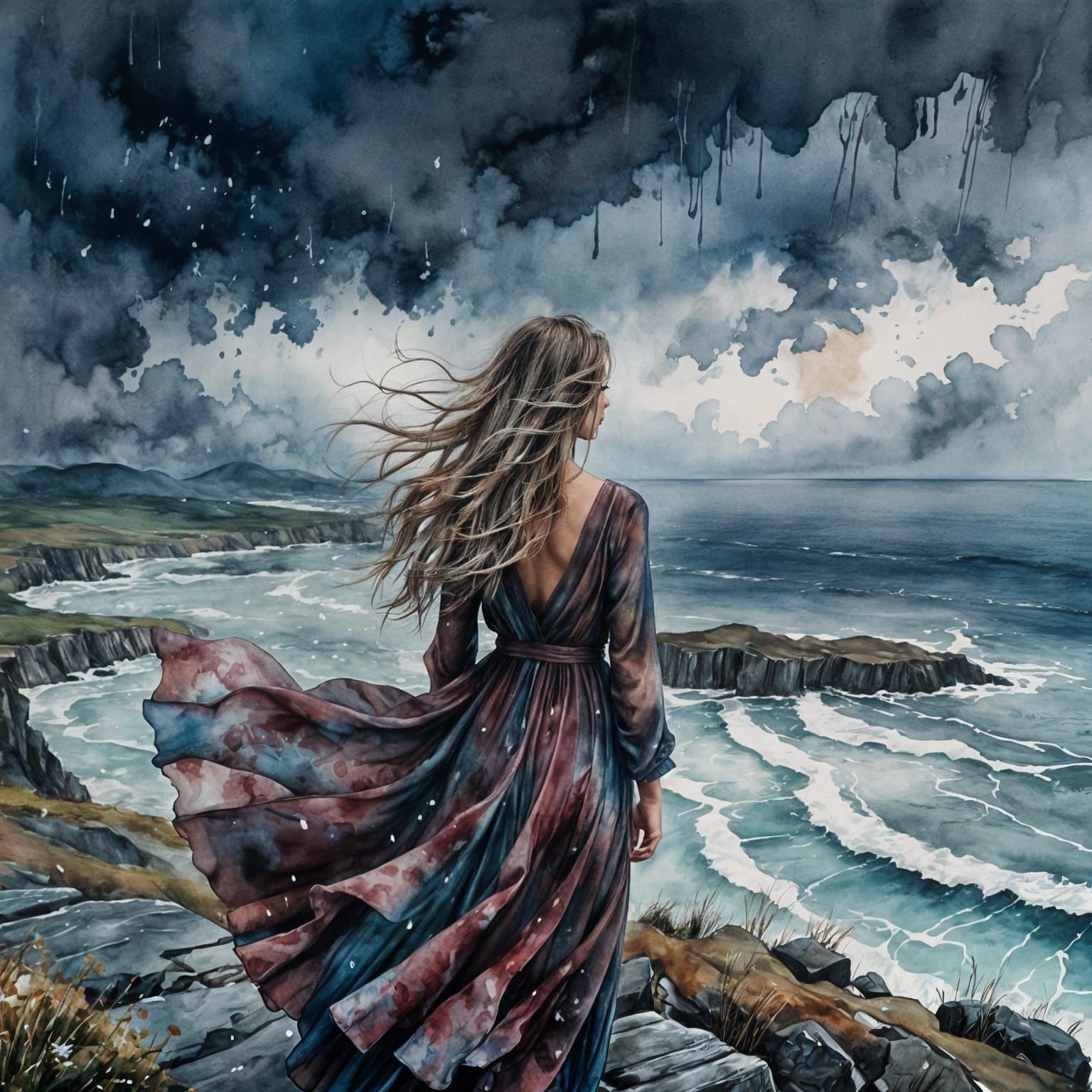 Woman on Stormy Coast in Watercolor and Alcohol Ink