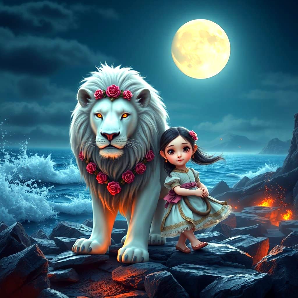 Lion and Girl in Fantasy Battle Scene