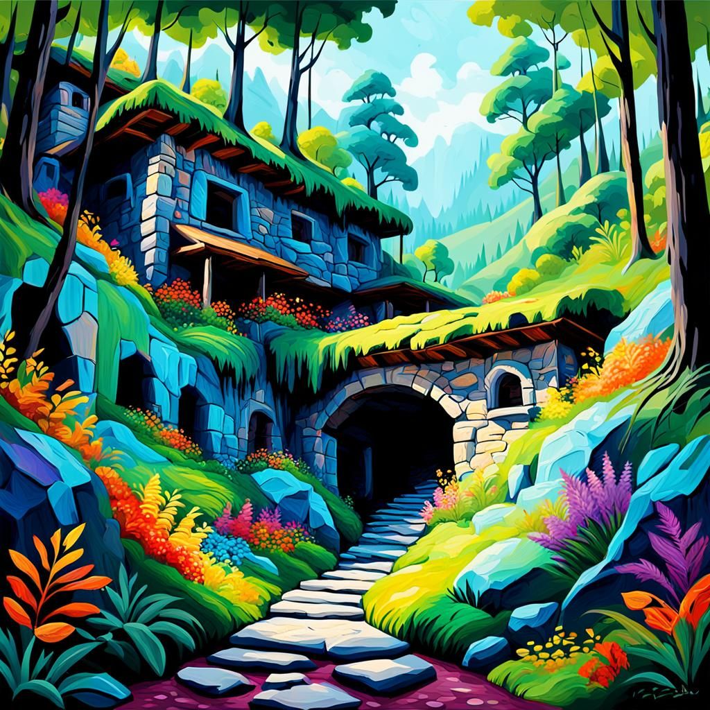A digital painting showcasing vibrant impasto Vista villa cave nestled in the forest