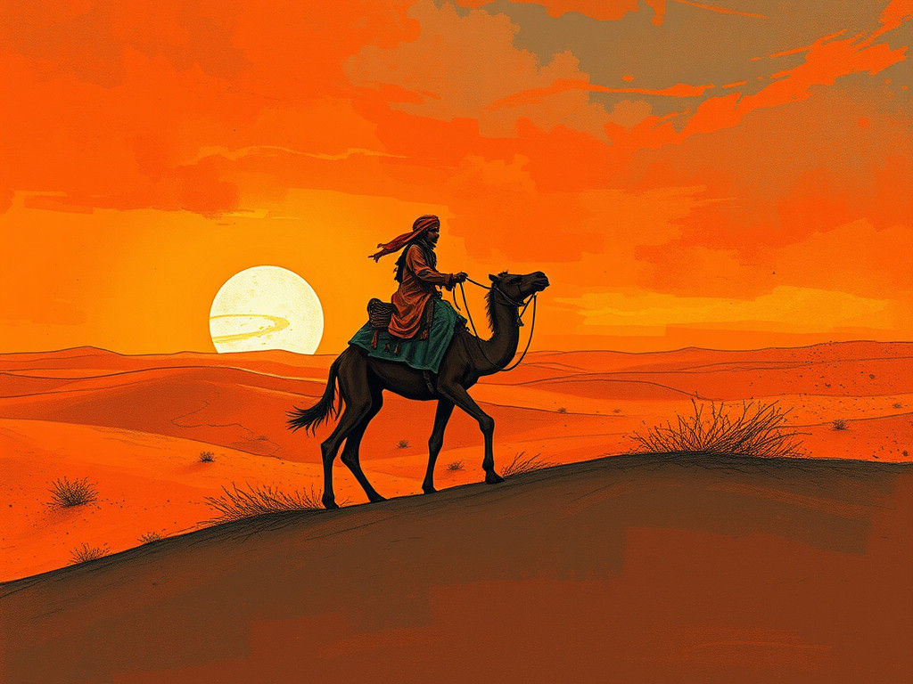 Desert Nomad Rides Camel in Whimsical Sunset