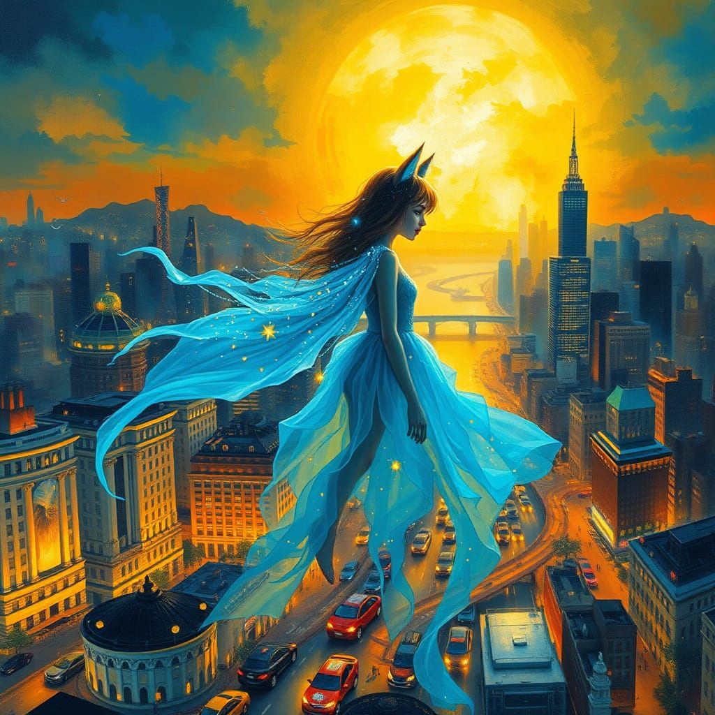 Cyberpunk Goddess in Radiant Blue Aura Against Cityscape