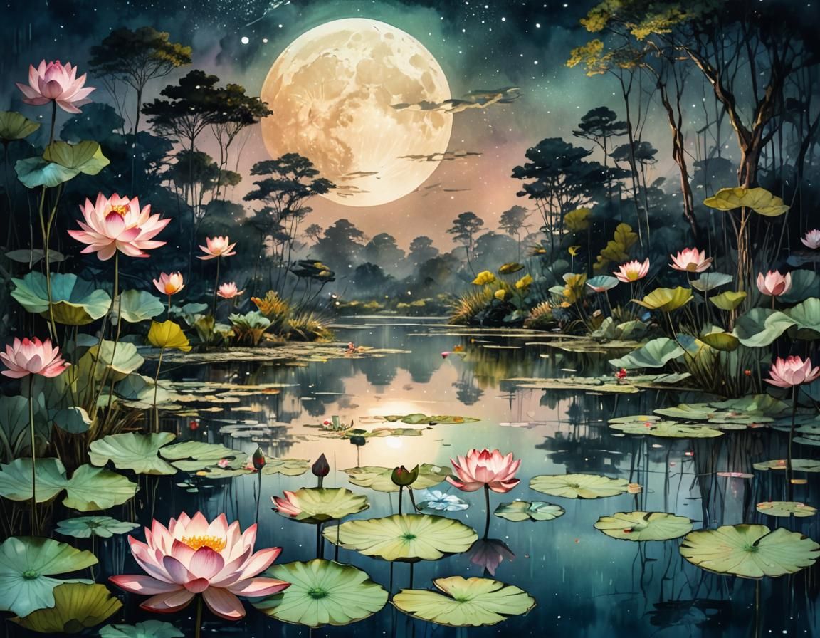Moonlit Lotus Pond: Digital Watercolor Summerscape