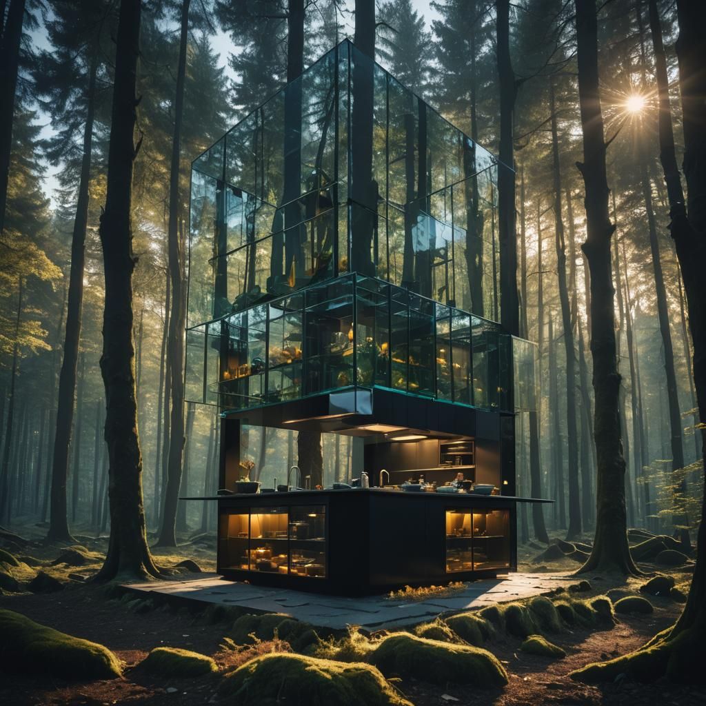 Surreal Forest Kitchen with Bioluminescent Plants