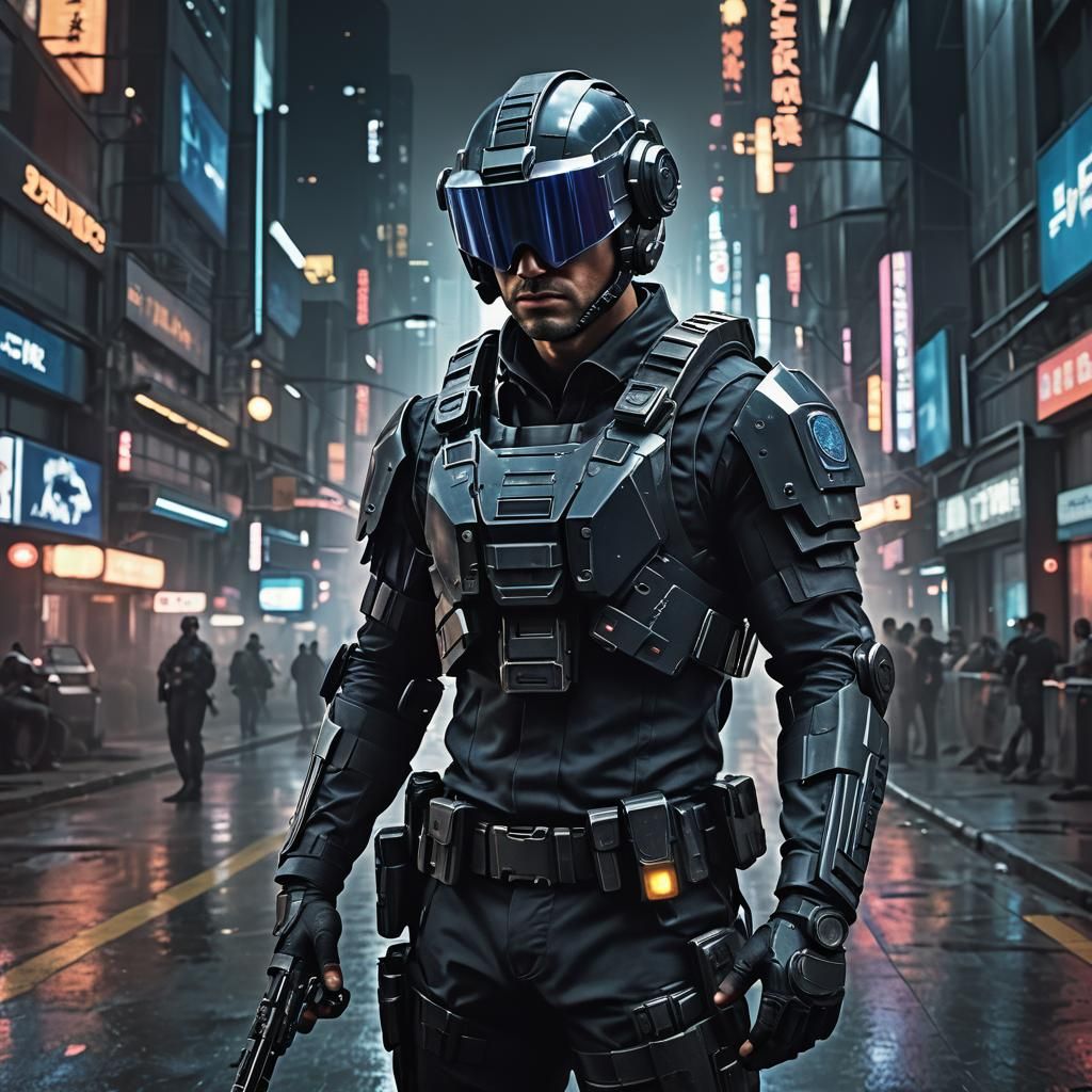 Futuristic Federal Police Officer in Dystopian Metropolis
