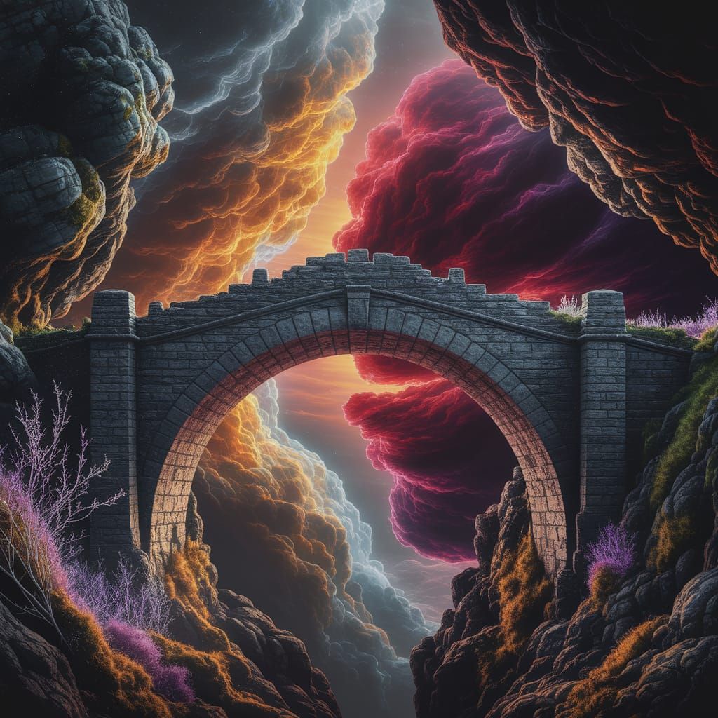 Stone Bridge Spans Nebula Chasm Between Fantasy Realms