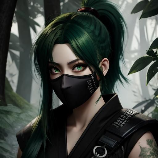 Anime Ninja Girl with Green Hair Digital Art