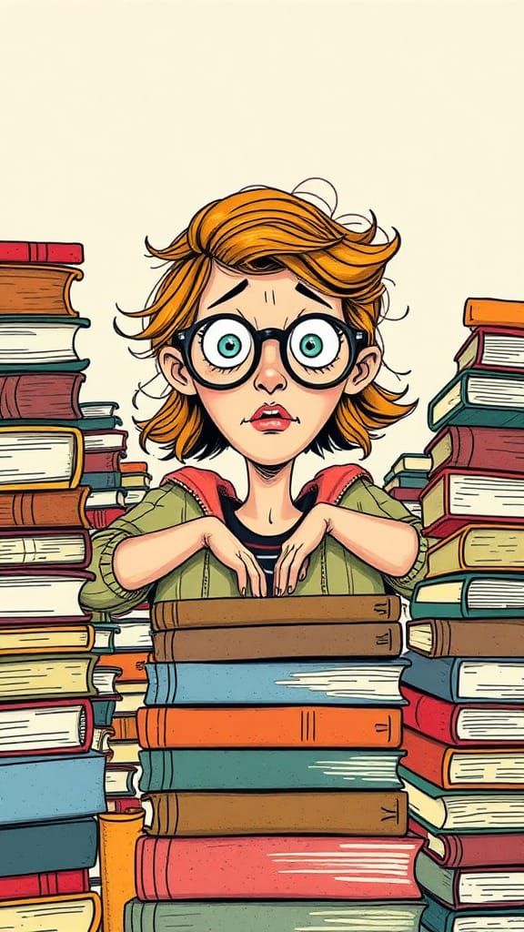 Illustrate an eccentric, whimsical woman with glasses, looking hilarious and distraught, sitting amid huge stacks of boo...