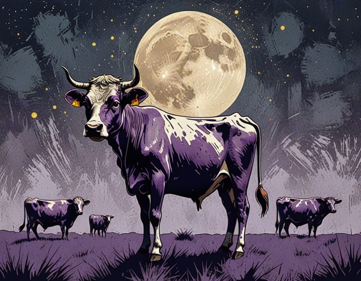 Vibrant Cow in a Starry Sky, Vintage Lithography Art