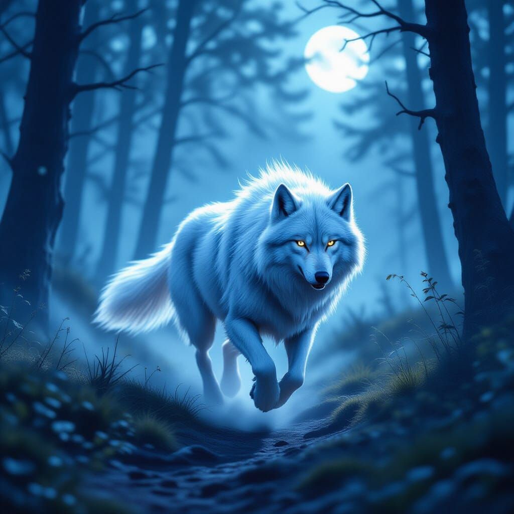 Ethereal Wolf Spirit in Misty Forest, Black Light Style